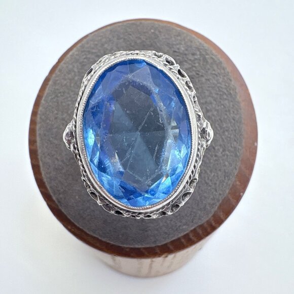 VTG Sterling Silver 925 Blue Cubic Zirconia Rope Border Statement Ring Size 6 - Picture 1 of 12